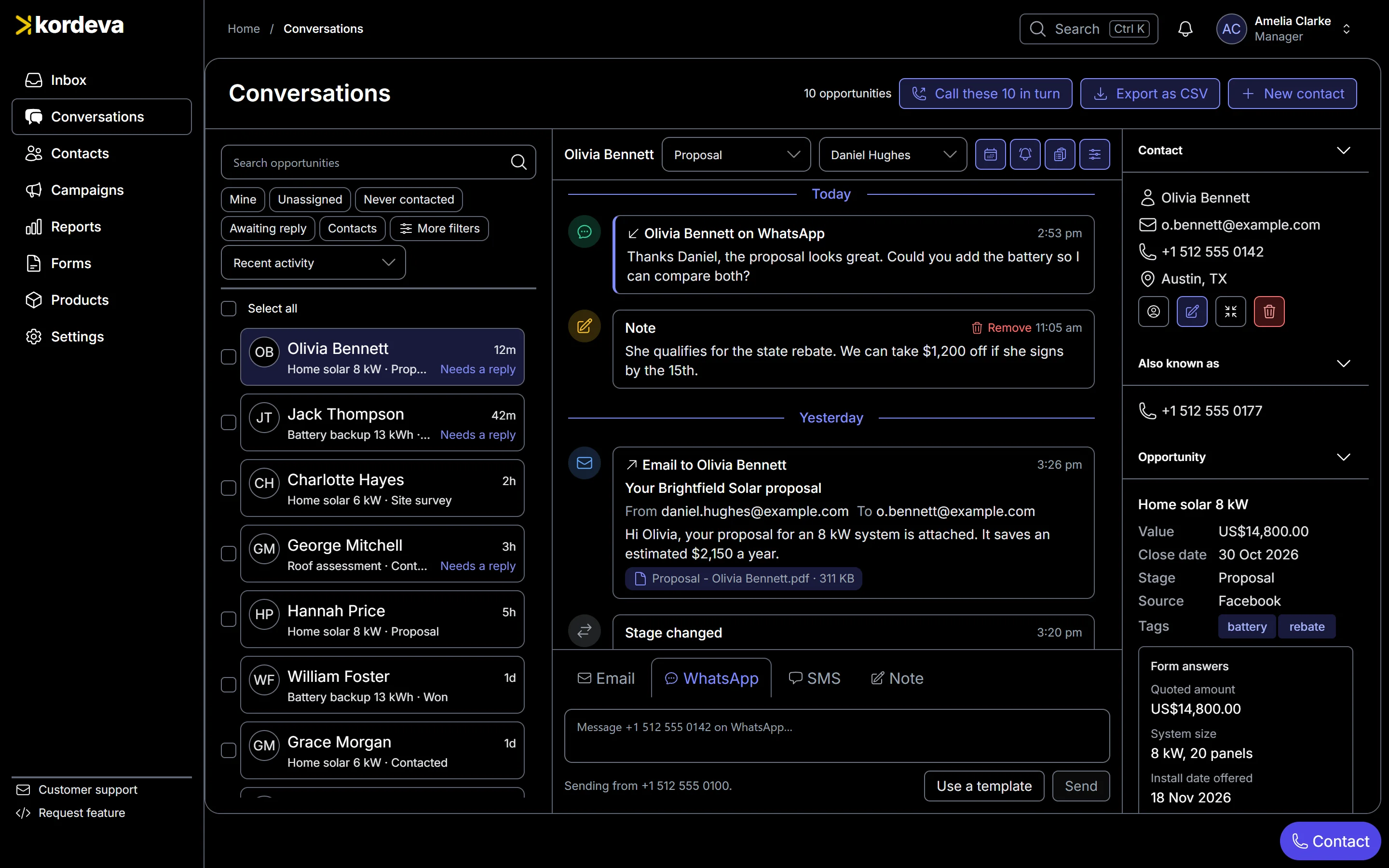 Kordeva’s Conversations screen: the list of customers, one customer’s WhatsApp messages, note and email on a thread, and her deal beside it