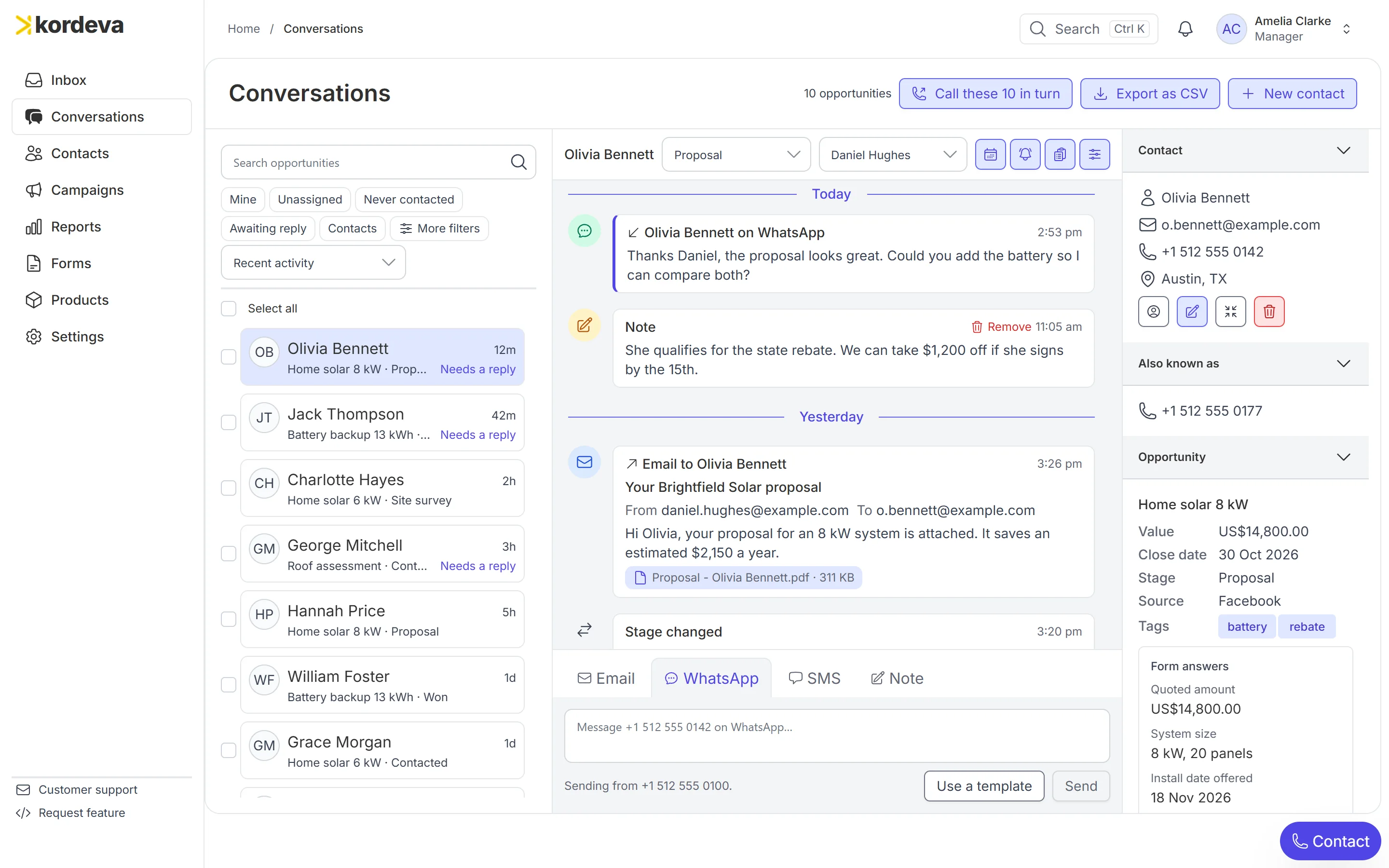 Kordeva’s Conversations screen: the list of customers, one customer’s WhatsApp messages, note and email on a thread, and her deal beside it