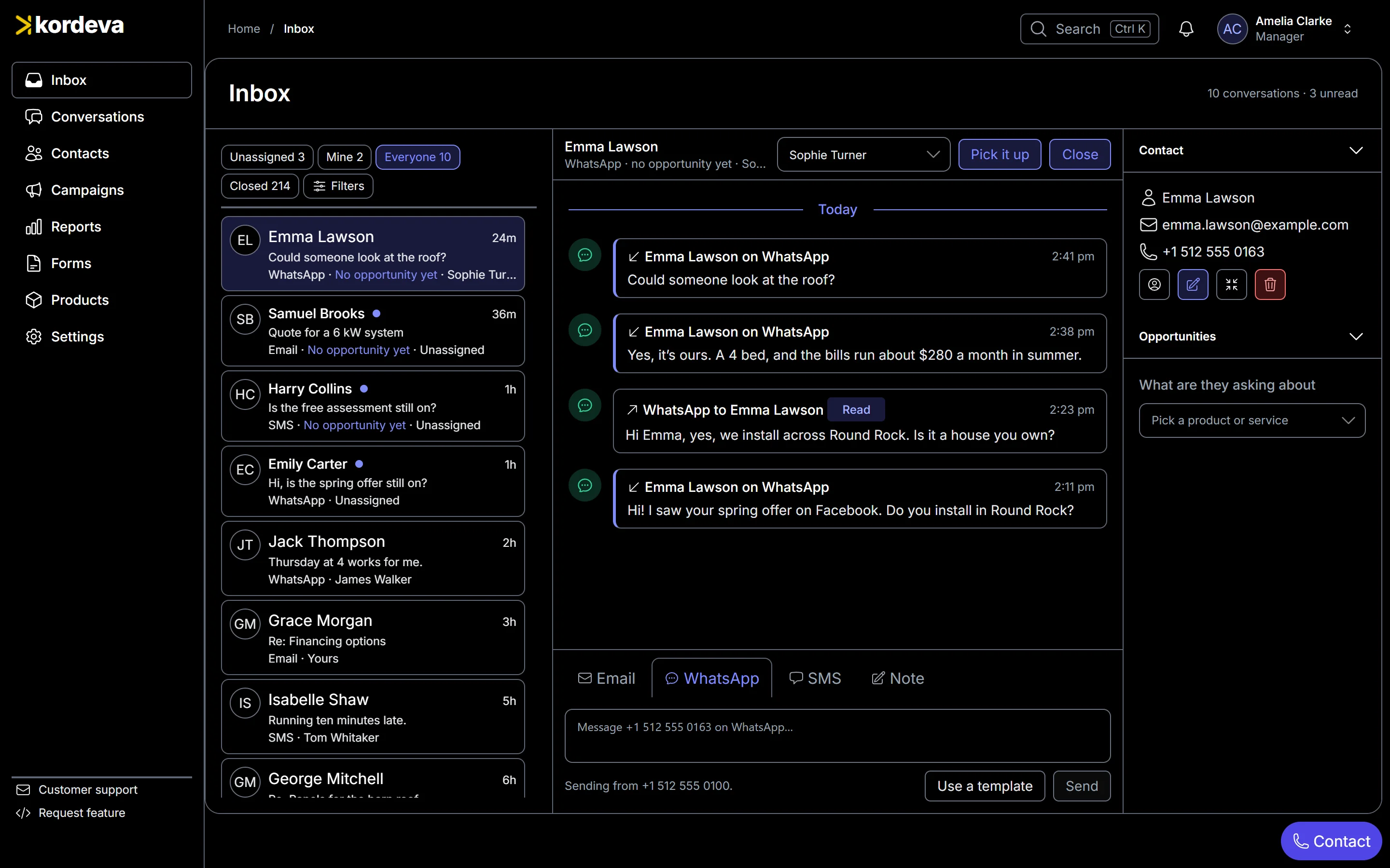 Kordeva’s team inbox: the queue of conversations with who holds each, and one WhatsApp chat open