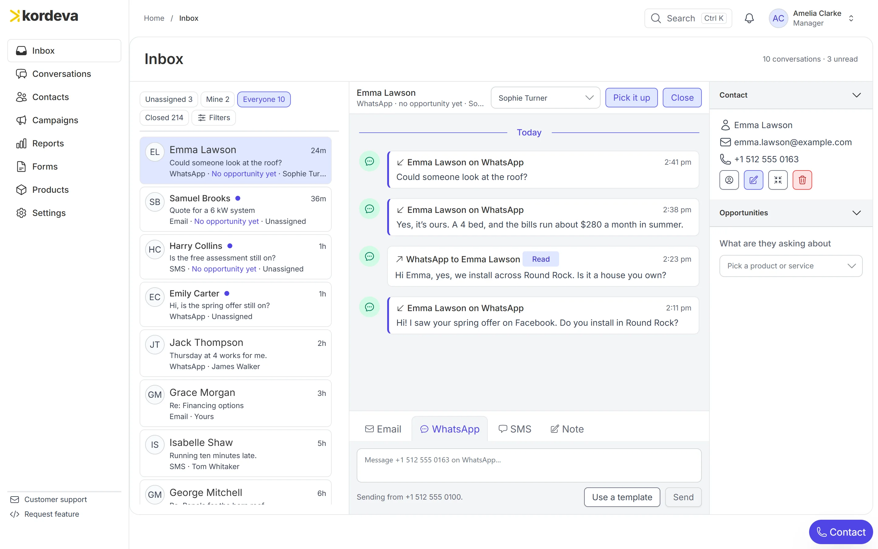 Kordeva’s team inbox: the queue of conversations with who holds each, and one WhatsApp chat open