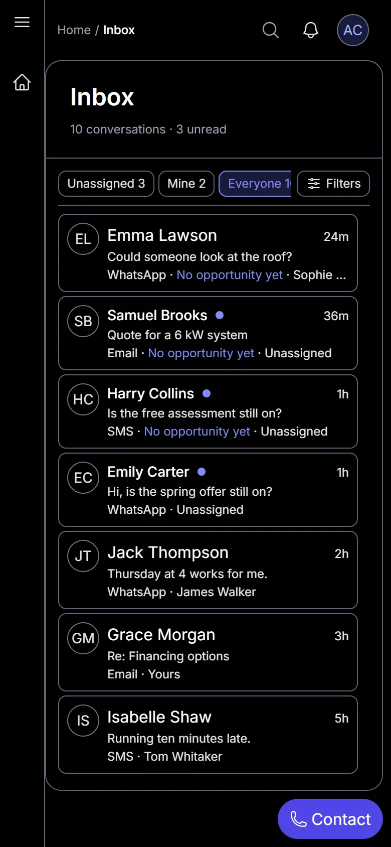 The Kordeva team inbox on a phone
