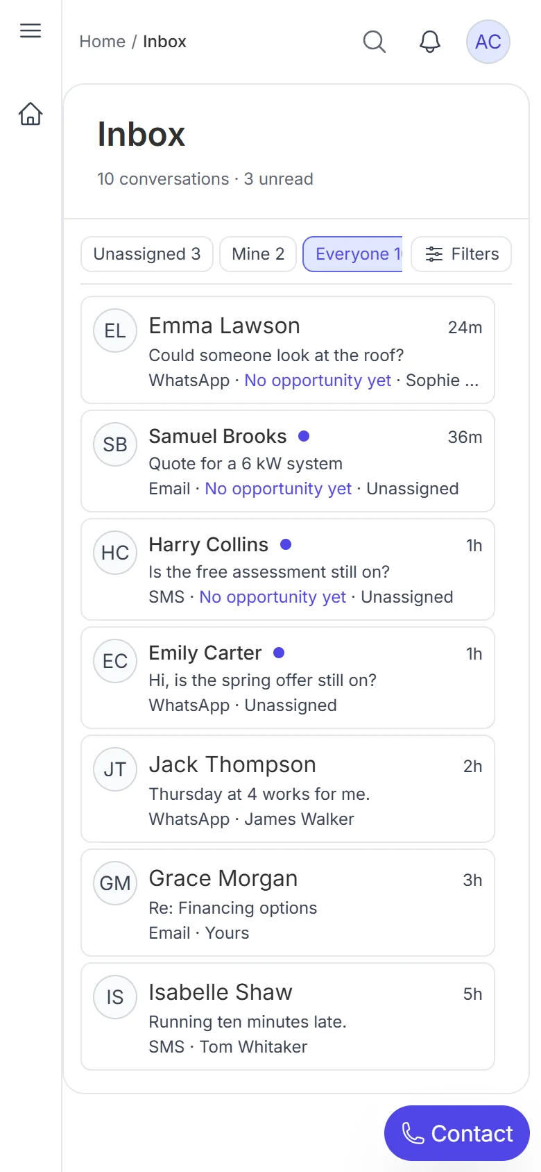 The Kordeva team inbox on a phone