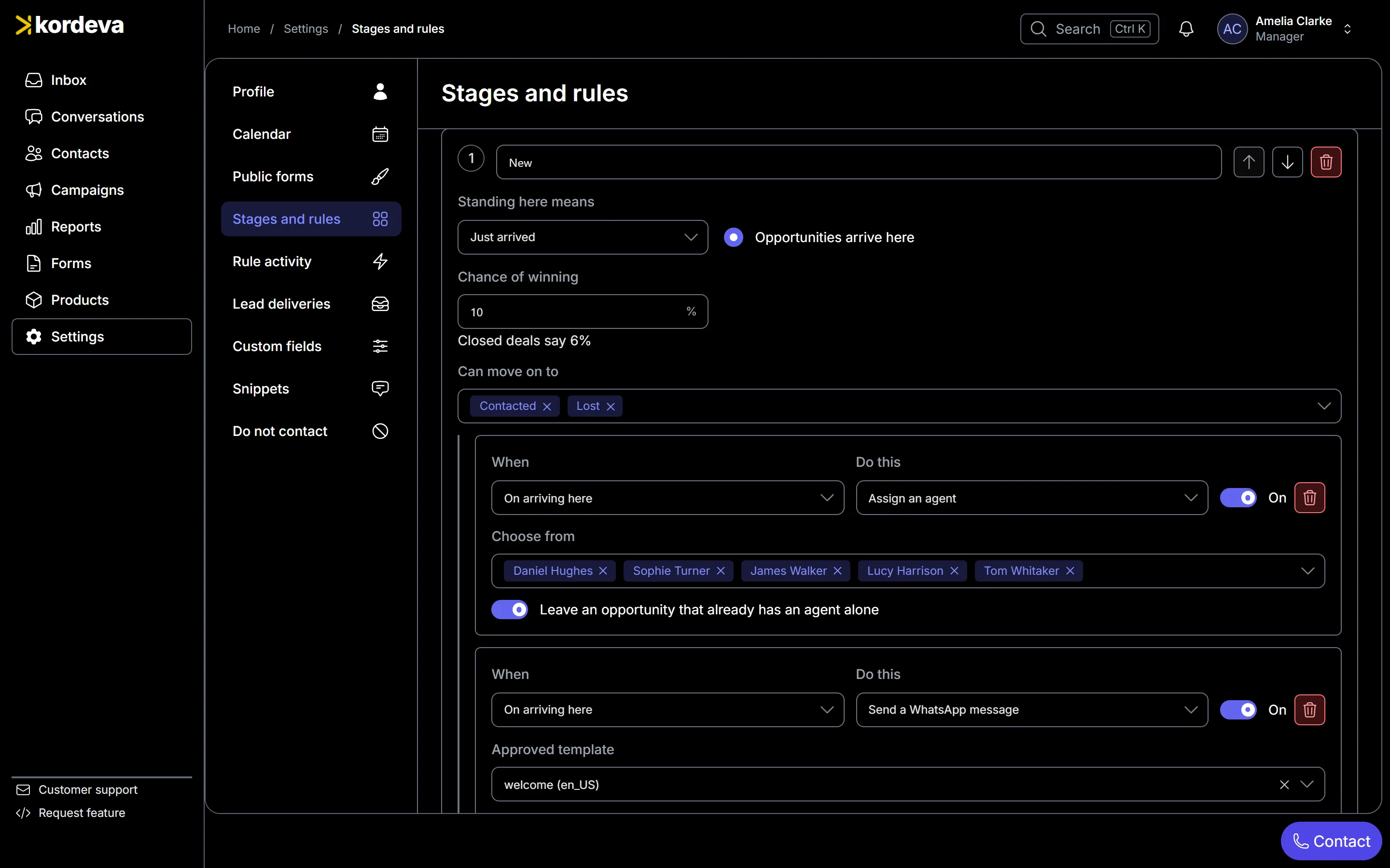 A stage in Kordeva with its two automatic steps: assign a salesperson and send a WhatsApp message