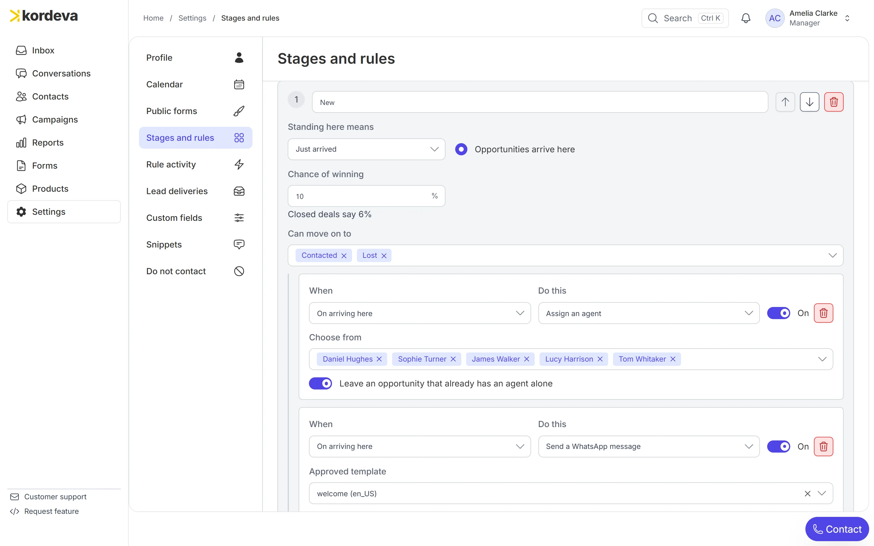 A stage in Kordeva with its two automatic steps: assign a salesperson and send a WhatsApp message